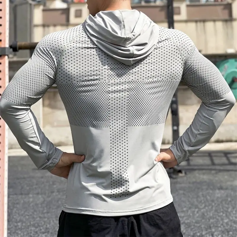 Outdoor exercise men's sportswear thin stretch fitness wear Fashion casual pullover hooded long-sleeved T-shirt men's top