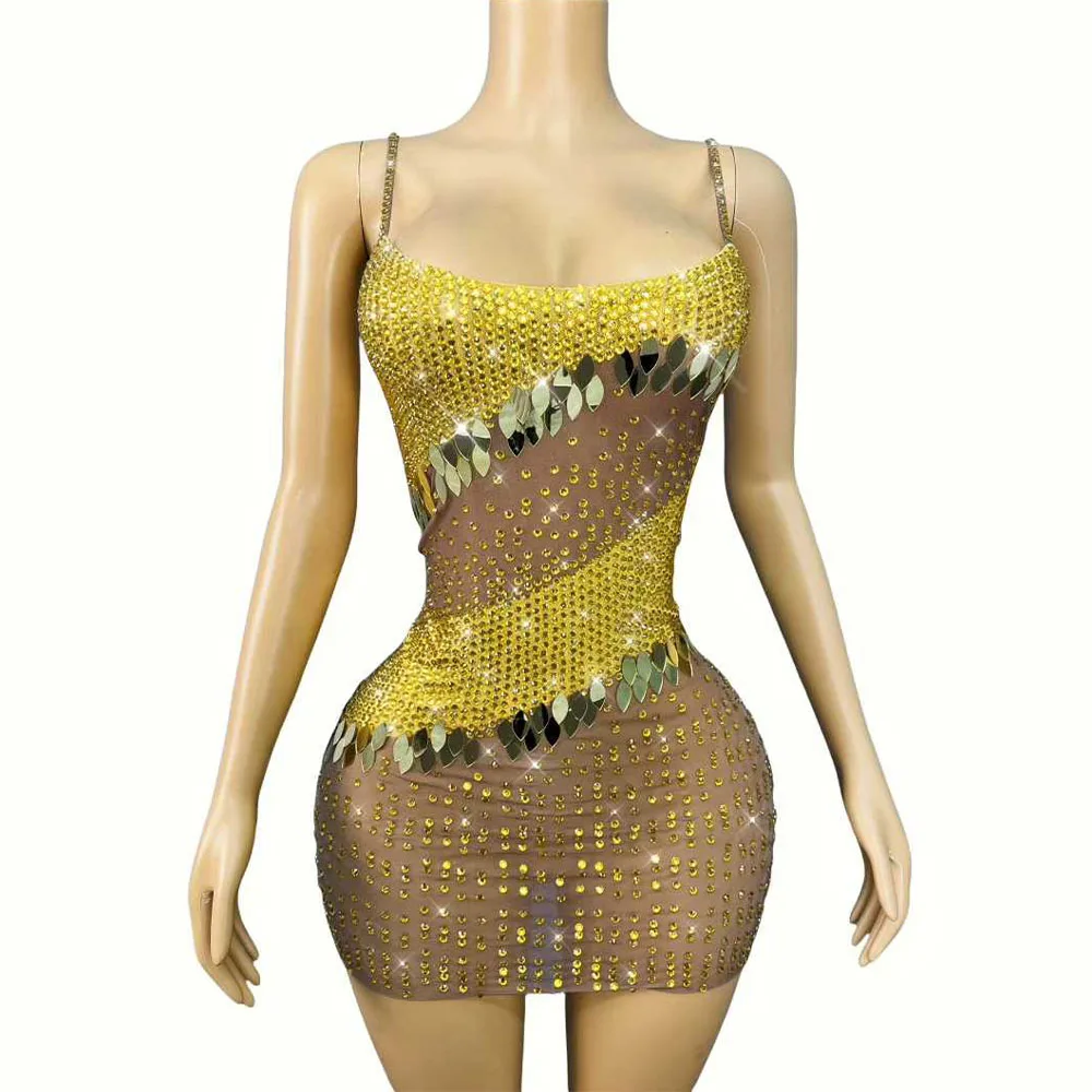

Luxury Twinkling Rhinestones Mirrors Trim fit Suspender Dress Women Party Celebrate Show Fashion Outfit Stage Wear Costume