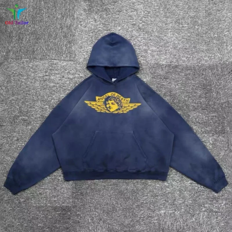 

AI Retro SAINT Navy Blue Angel Letter Print Ribbed Edge Kangaroo Pocket Casual Hooded Sweatshirt Men's Women's Winter Clothing