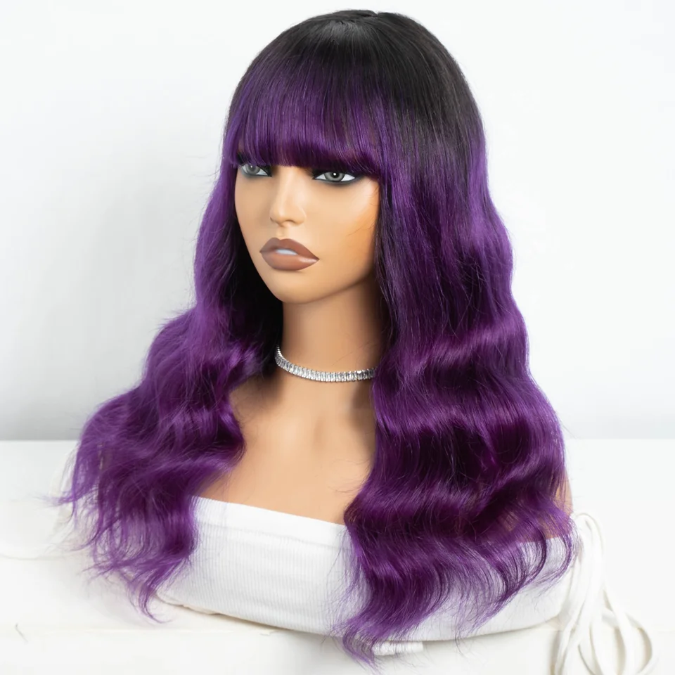 22inches Purple Body Wave Wig With Bangs Wear Go Wig With Bangs Brazilian Remy Hair With Baby Hair Machine Made Wigs For Women