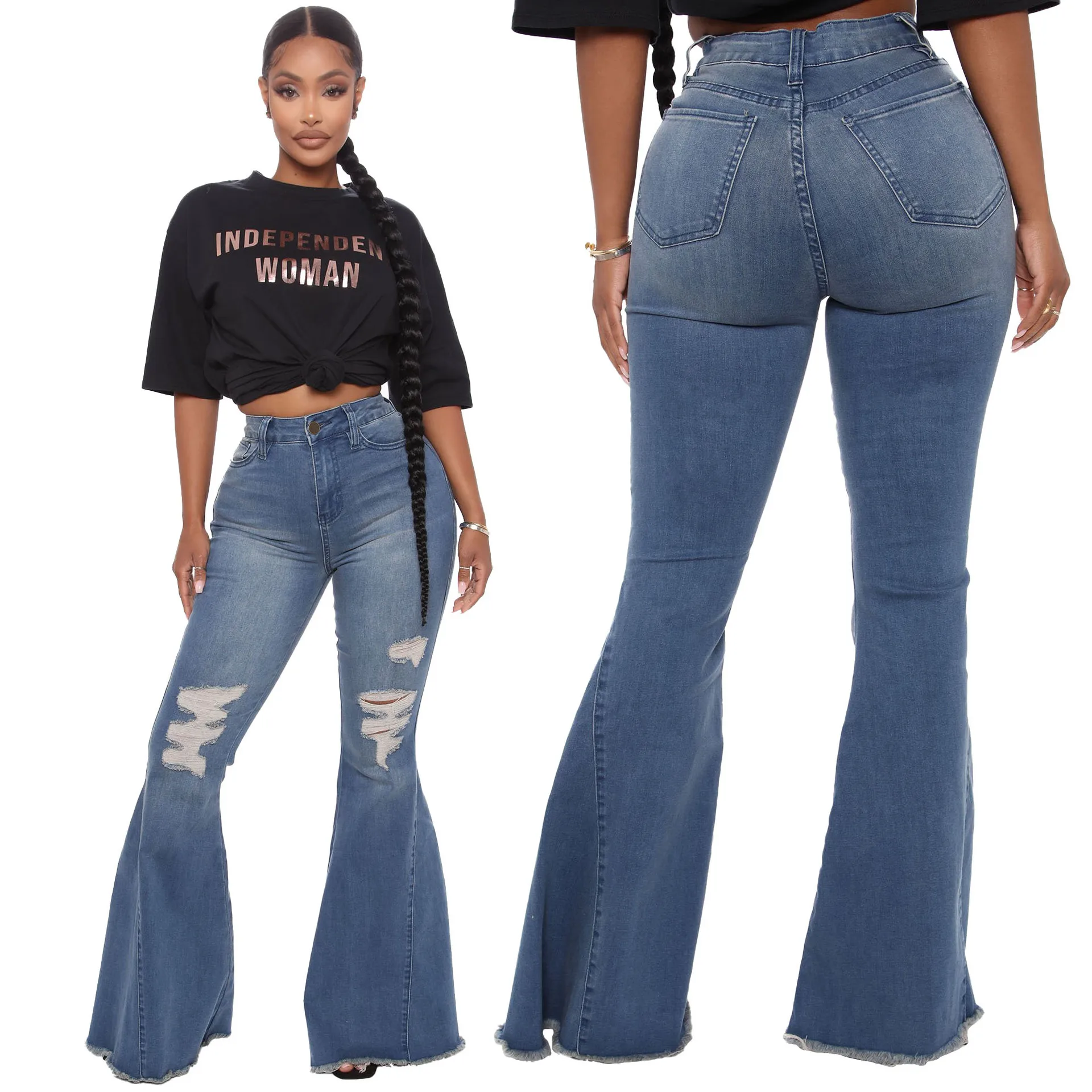 

Fashion Versatile Wide Leg, Knee Ripped Denim Stretch Flared Pants jeans woman