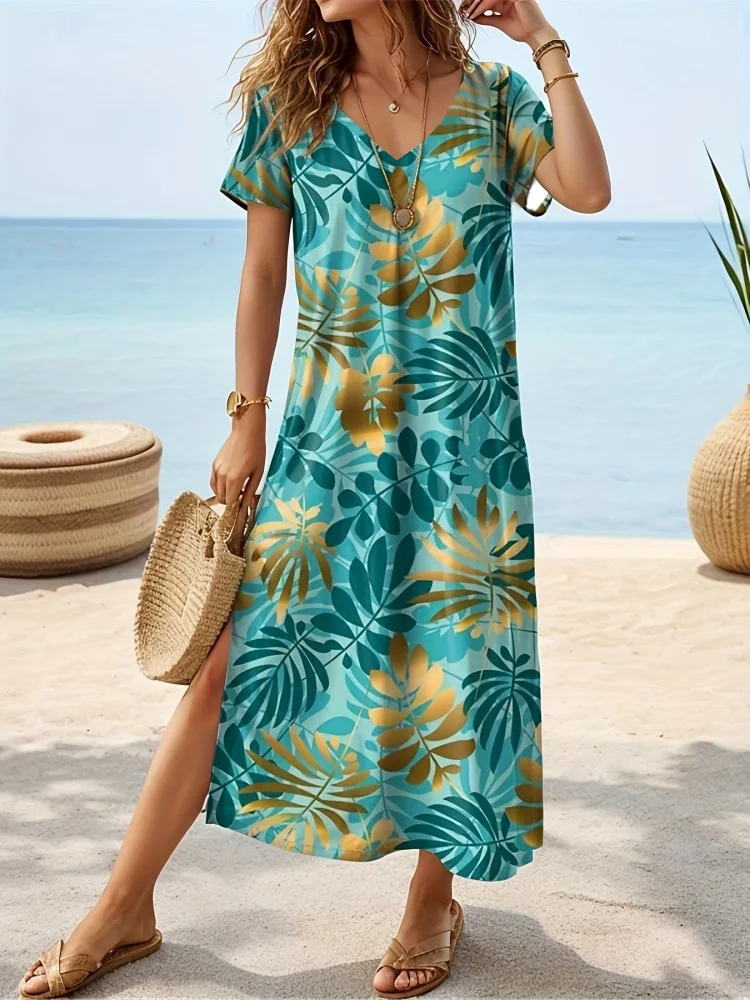 

Hawaiian Style Everyday Casual Women's V-neck Dress Outdoor Street Fashion Women's Dress 3D Printed Women's Elegant Long Dress