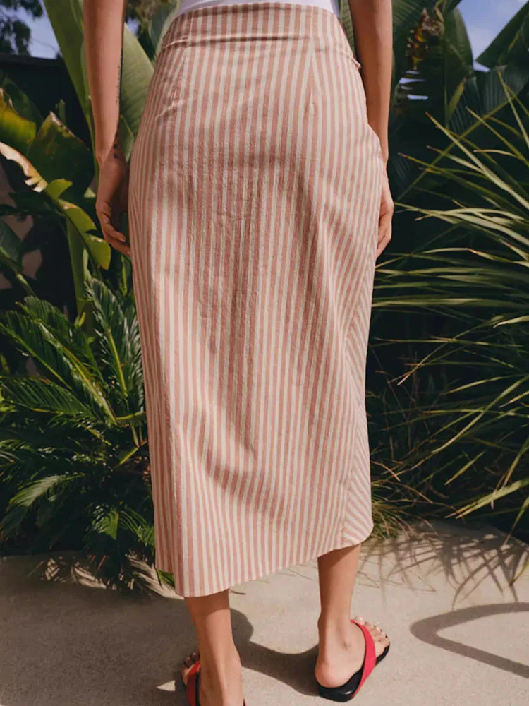Elegant Design Summer New Women's Midi Skirt Pleated Stripe Pattern mid Waist Stylish Stage Costume for Young Women