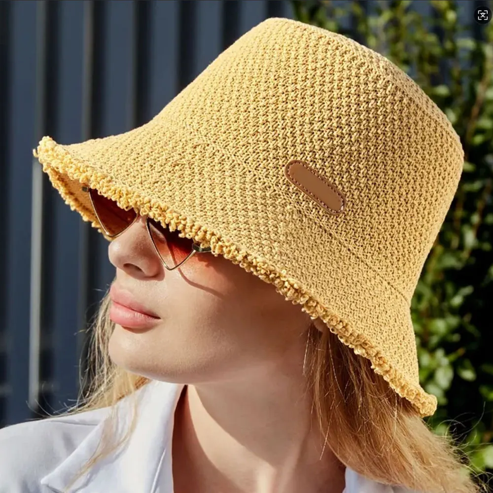 

Korean Straw Hat Summer Women Sun Protection Bucket Hat Travel Beach Panama Caps Hand weaving Girl Fishing handmade Sun Hats