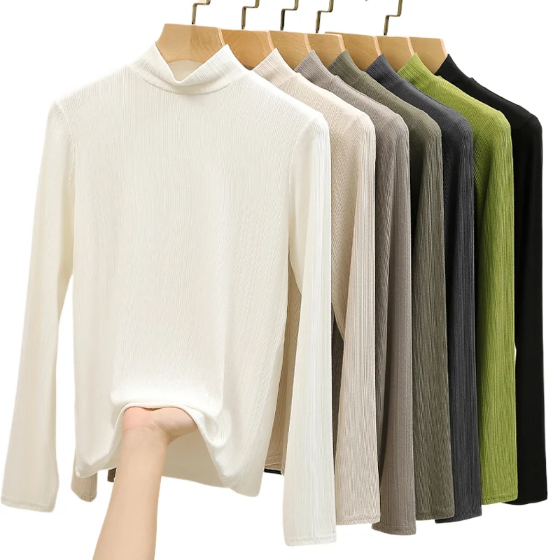 

Spring Autumn Half High Neck T-shirt Simple Solid Color Slimming Bottom Shirt Women's New Long Sleeve Casual Versatile Tee