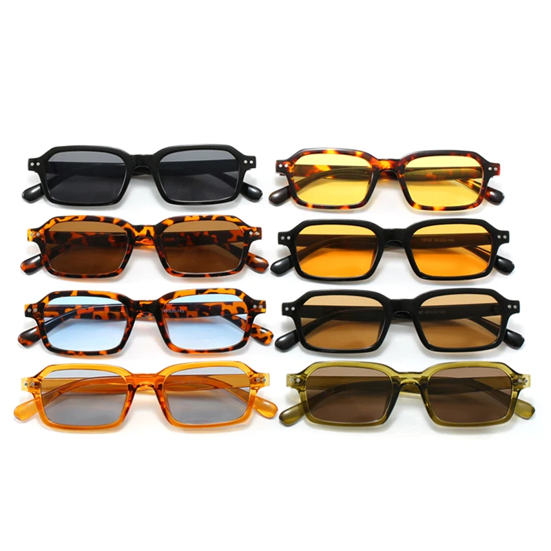 SO&EI Retro Small Rectangle Sunglasses Women Fashion Yellow Blue Shades UV400 Men Trending Rivets Punk Sun Glasses