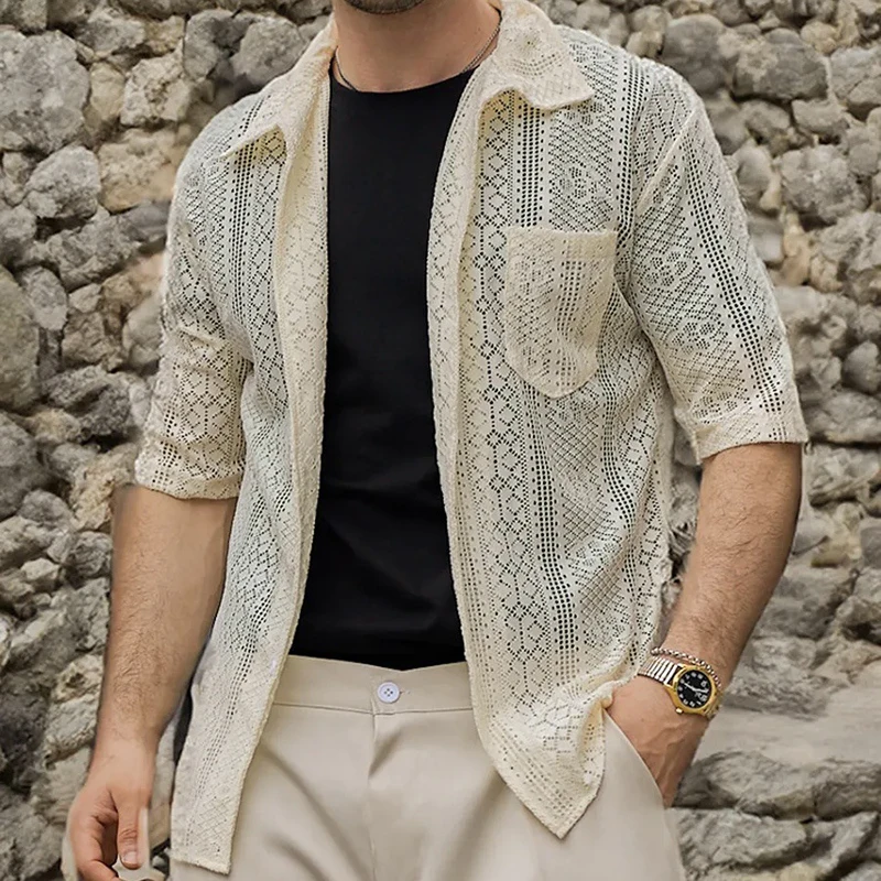 Breathable Solid Color Mens Shirts Retro Turn-down Collar Hollow Out Short Sleeve Cardigan 2026 Summer Knitted Casual Shirt
