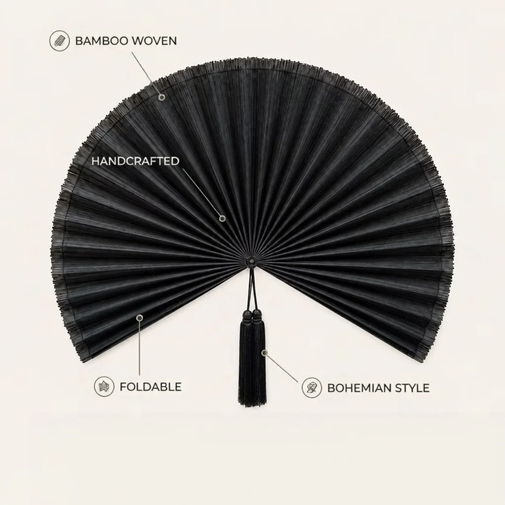 Bohemian Handmade Bamboo Woven Foldable Fan Wall Art Decor for Bedroom Living Room Unique Fold-out Design