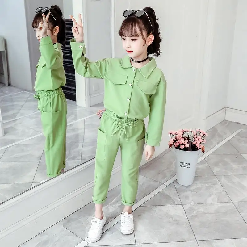 Children\'s Suits Spring Autumn Wear Girls Long Sleeved Tops + Trousers Kids 2 Suits Big Children Sport Sets Solid Color 12 Years