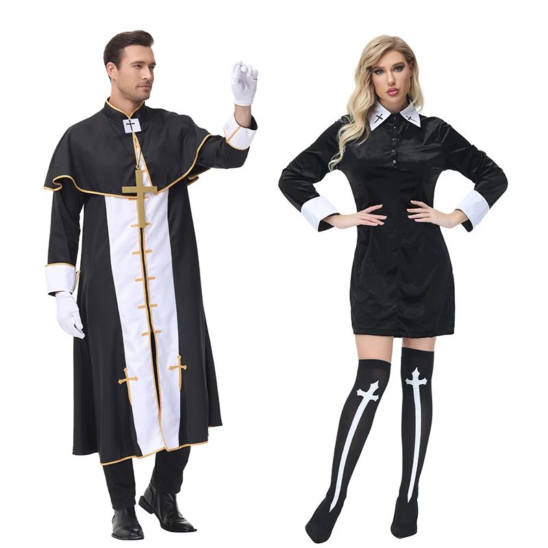 Novo traje de pastor religioso de Halloween para homens e mulheres, freira medieval, padre, fantasias de bispo, festa adulta de Purim, fantasia