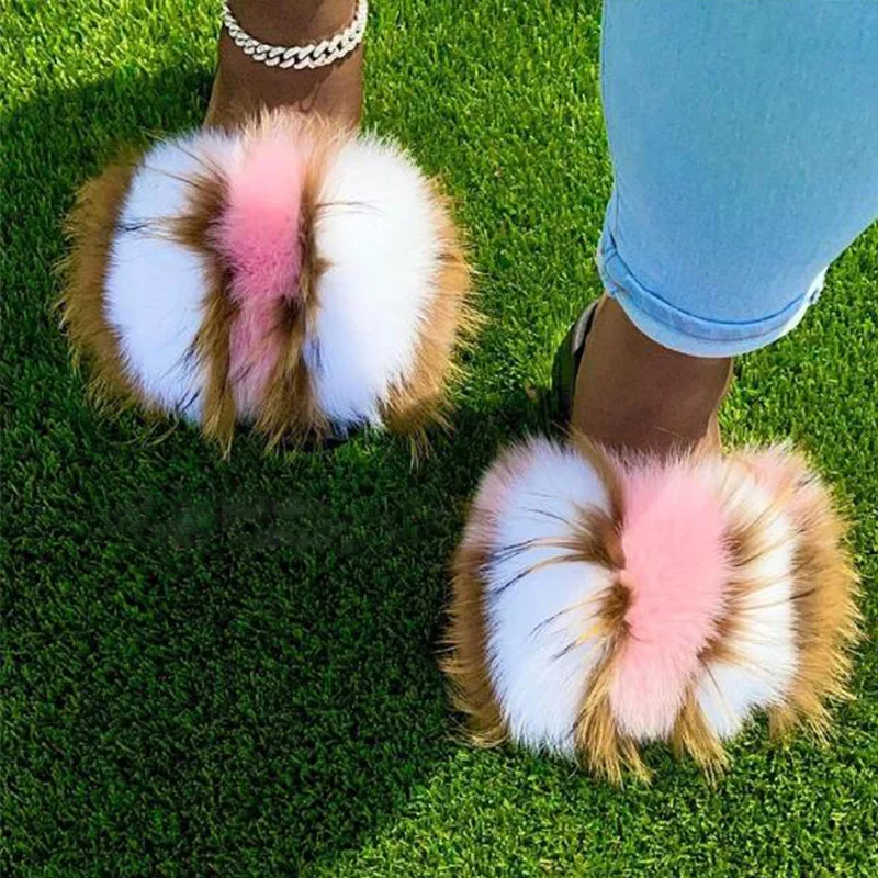 Female Furry Women Shoes Autumn Winter Real Fox Fur Fuzzy Slippers Real Fur Slides Women Fur Slides Warm Flat Home Slides Mules