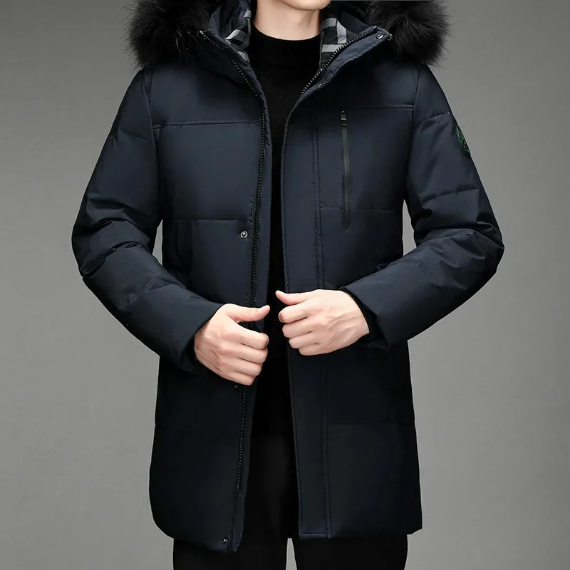 Winter Down Coat for Men Plus Size Mid-Length Thickened Hooded Business Jacket Fur Hooded Men\'s White Duck Puffer Jackets JK-997