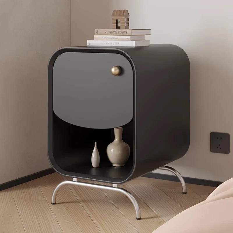

-Minimalist Designer Black Bedside Cabinet Modern Simple Bedroom Small Storage Solid Wood Bedside Cabinet
