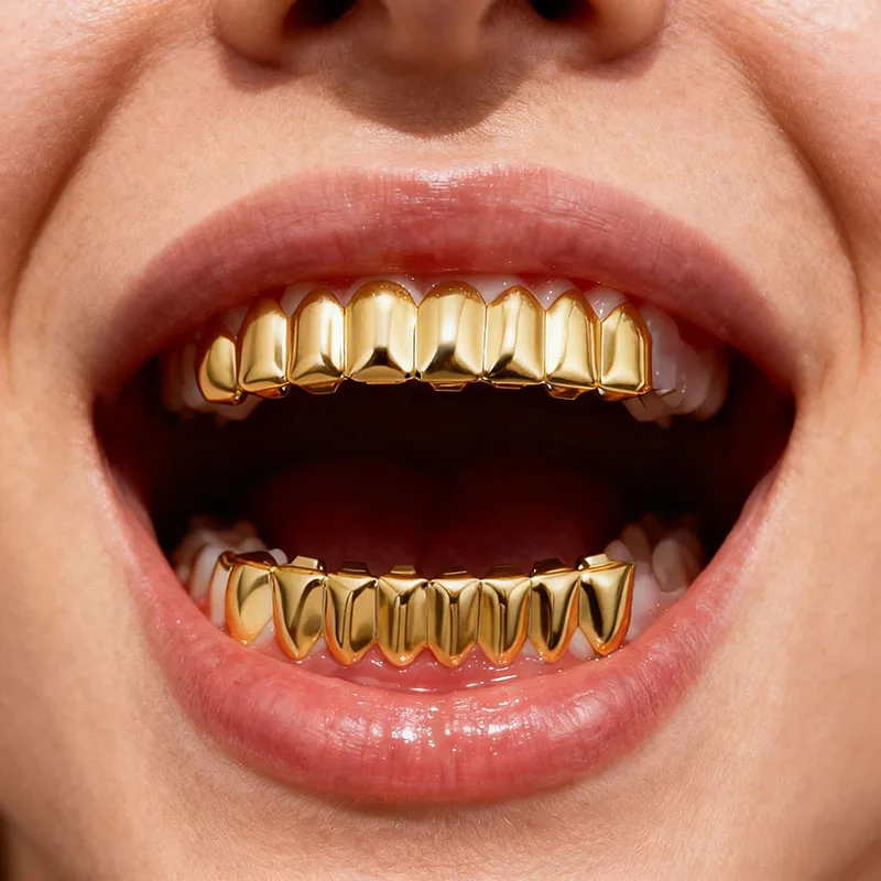 New Unisex Glossy Finish Teeth Grillz Top Bottom Set Copper Anti Slip Teeth Grillz Caps Gold Silver Color Teeth Jewelry Party