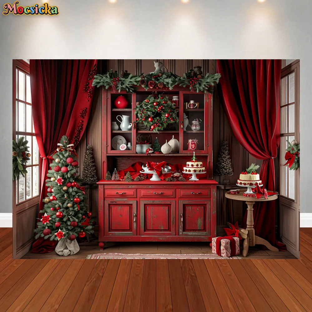 Christmas Kitchen Photography Background Winter Window Xmas Tree Gifts Kids Family Portrait Decor Backdrop Photo Studio Props