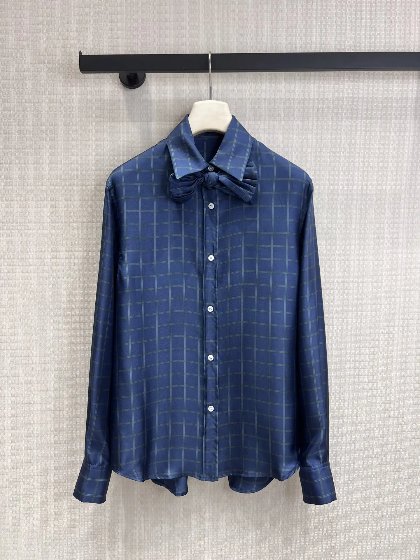

Vintage Blue Plaid Loose Fit Women's Shirt with Bow Tie Versatile Casual Stylish Top Breathable Polyester Long Sleeve Neck