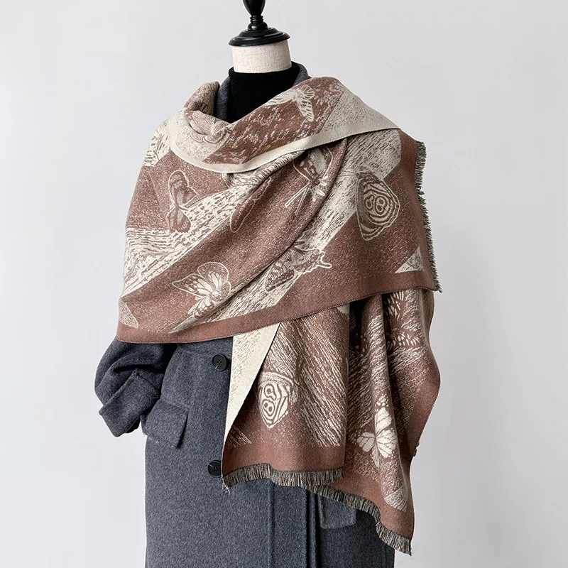 Fashion 2024 Korean Style New Arrival Butterfly Cashmere Scarf Retro Double-Sided Air-Conditioned Room Scarf Shawl Office Trendy