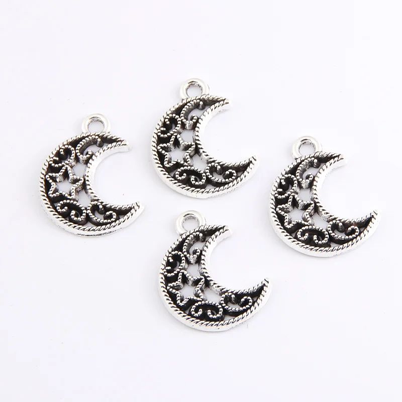 50pcs Silver Color Small Hollow Star Moon Charms Crescent Pendant For DIY Handmade Metal Alloy Jewelry Making Accessories