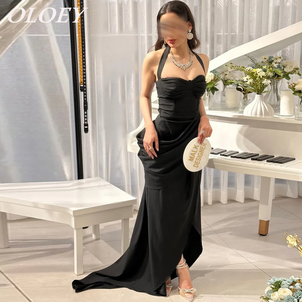 

OLOEY Elegant Black Halter Evening Dress فستان بيكو 2025 Woman Mermaid Prom Party Gowns Side Slit Pleats Customized
