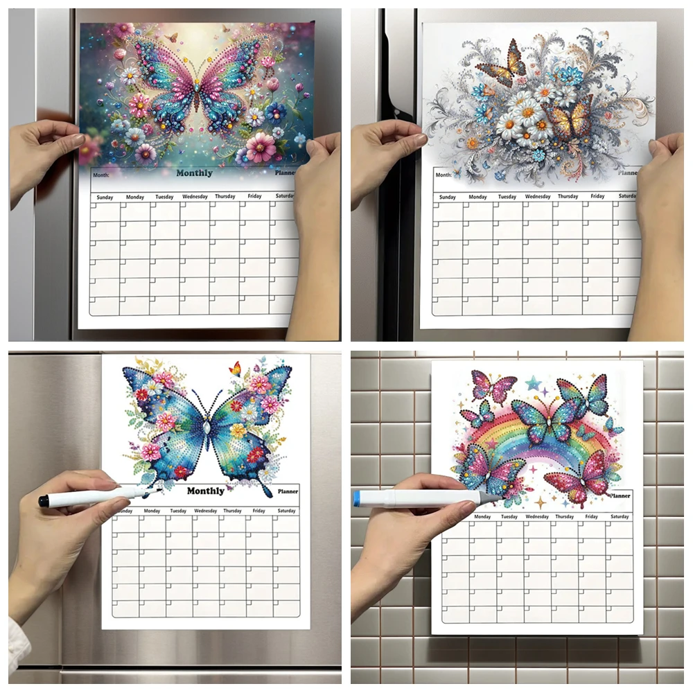 1pc DIY Butterfly Diamond Painting Calendar Fridge Magnet Destined Refrigerator Magnetic Handwritten Planner for Home Office