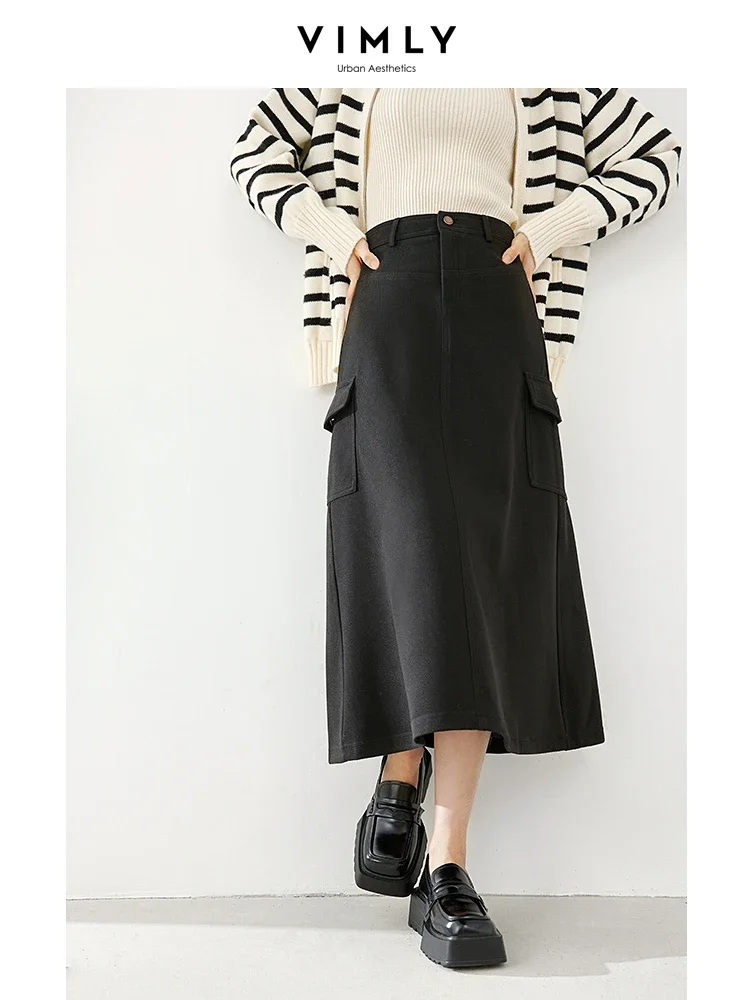 Vimly Black Cargo Style A-line Women's Skirt 2023 Winter Thick Umbrella Midi Skirts Elegant Office Lady Female Clothing 16299