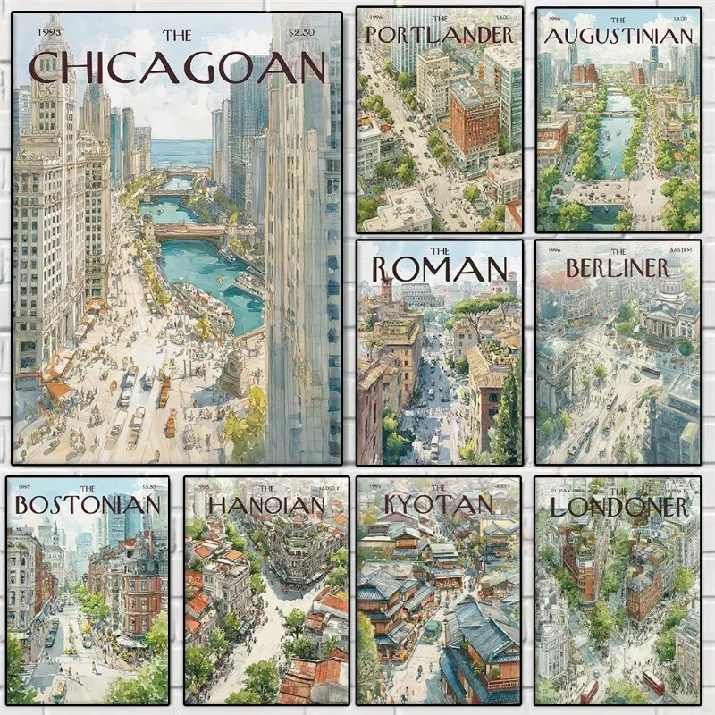 1pc frameless Canvas Painting Modern City Street Scene Illustration Poster London Chicago Boston Rome Hong Kong Canvas Painting