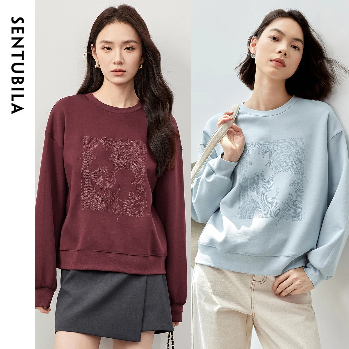 

SENTUBILA Cotton Blend Sweatshirt Women 2025 Autumn Winter Casual Loose Fit Embroidery Simple Pullover Long Sleeve Top 143A56381