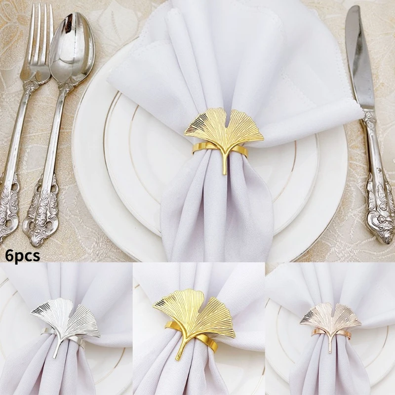 6pcs Ginkgo Leaves Napkin Ring Buckle Holders for Wedding Party Mother’s Day Celebrate Festival Dinner Table Decoration