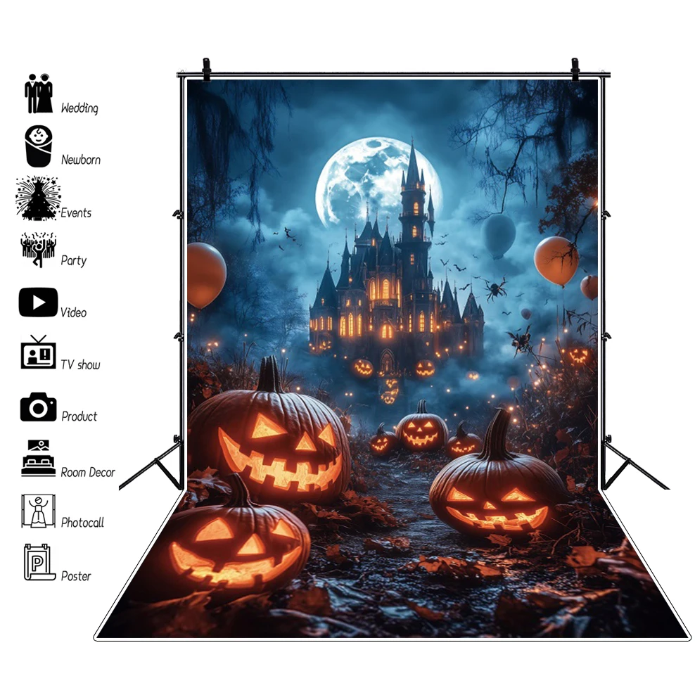 2025 Halloween Background Dark Blue Full Moon Night Castle Colorful Balloons Pumpkin Lantern Kids Family Portrait Photo Backdrop