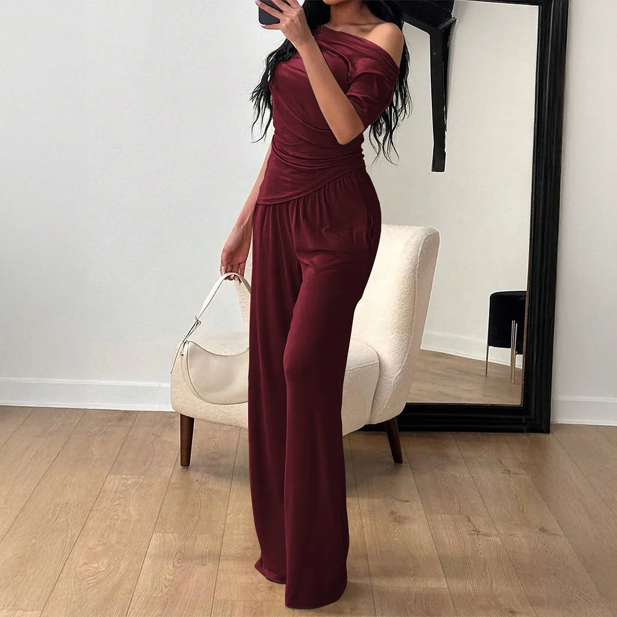 Pant Set Women 2 Piece Sets Skew Neck Short Sleeve Shirt Wide Leg Long Pants Tight Waist Solid Y2k Streetwear Irregular Work