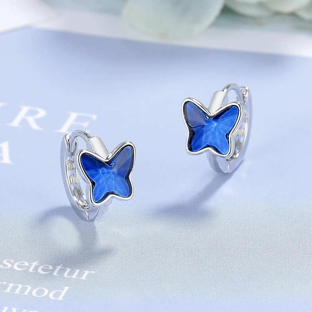 Moda 925 prata esterlina azul cristal zircão bonito borboleta brinco para mulheres menina brinco de casamento jóias presente