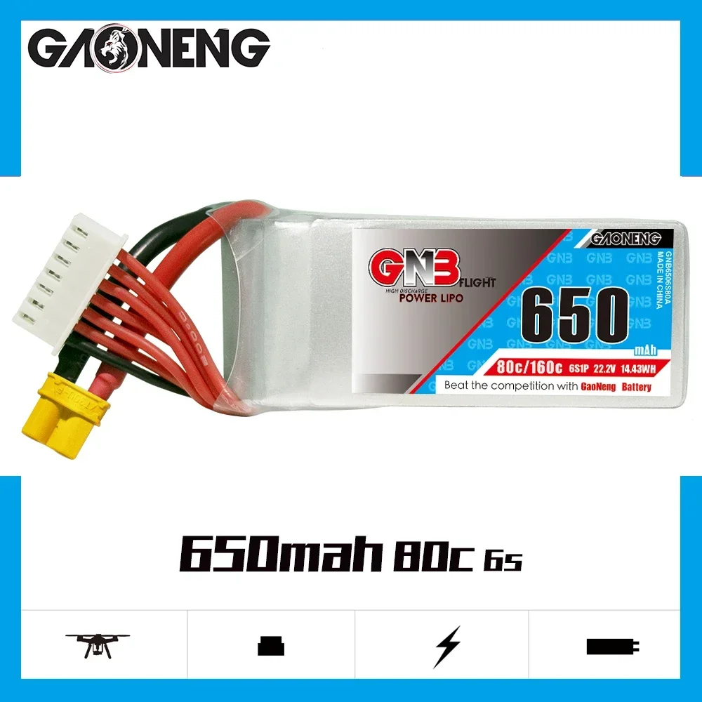 GAONENG GNB 650mAh 6S 80C 160C 22.2V XT30 LiPo Battery Square Type Spare RC Parts Airplane Racing FPV Quadcopter MultiRoter