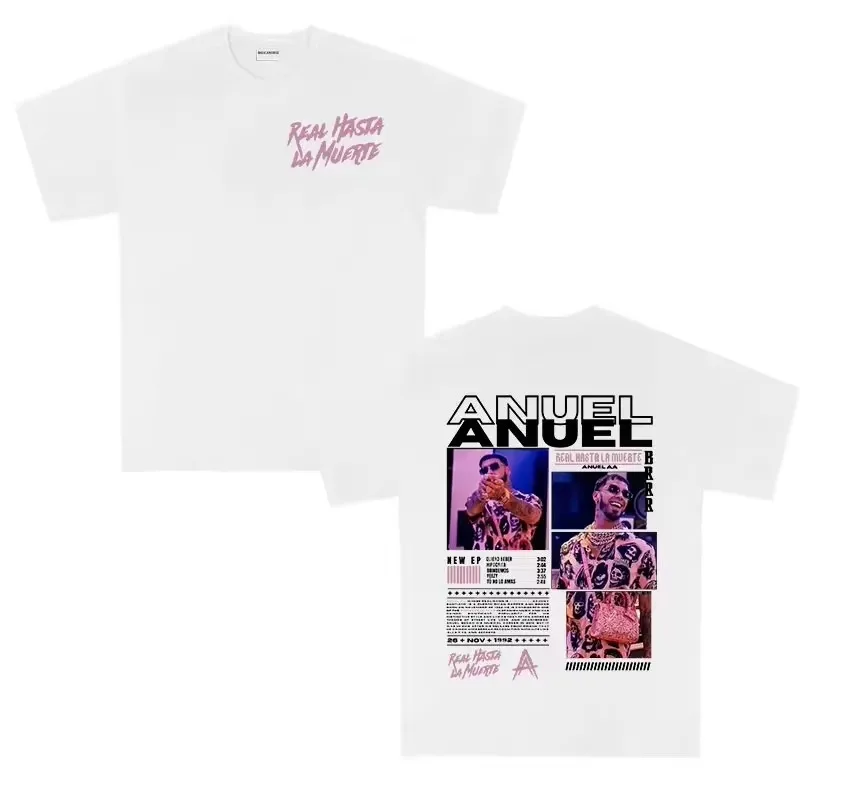 White Anuel AA 'Real Hasta La Muerte' Vintage Rap Graphic T-Shirt Cotton Men Women Streetwear Tee