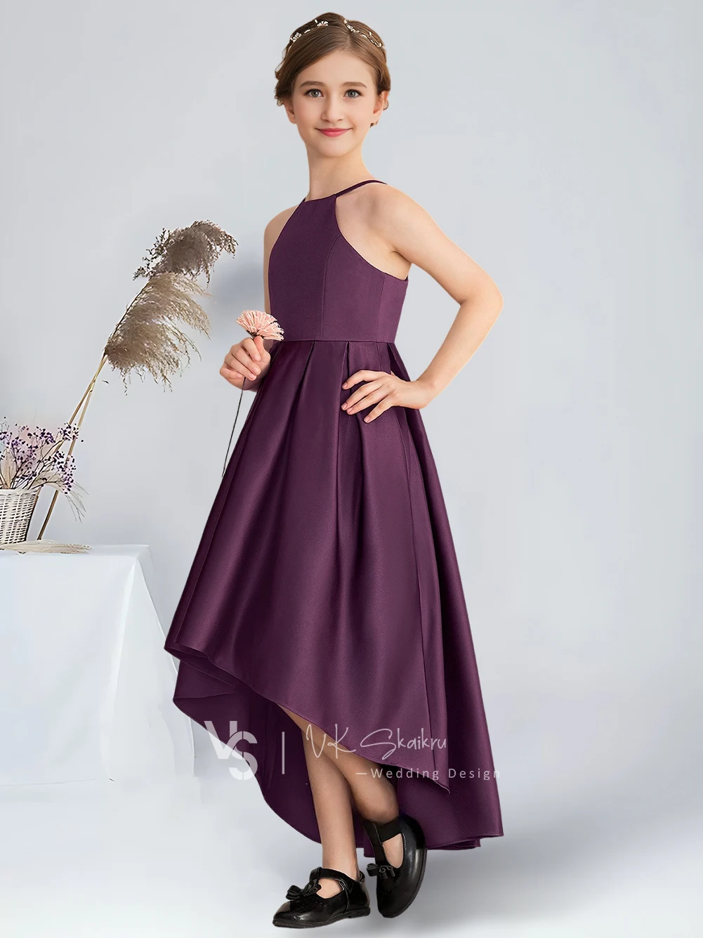 A-line Halter Asymmetrical Satin Junior Bridesmaid Dress Exquisite Grape Flower Girl Dress for Wedding Party Communion Dress