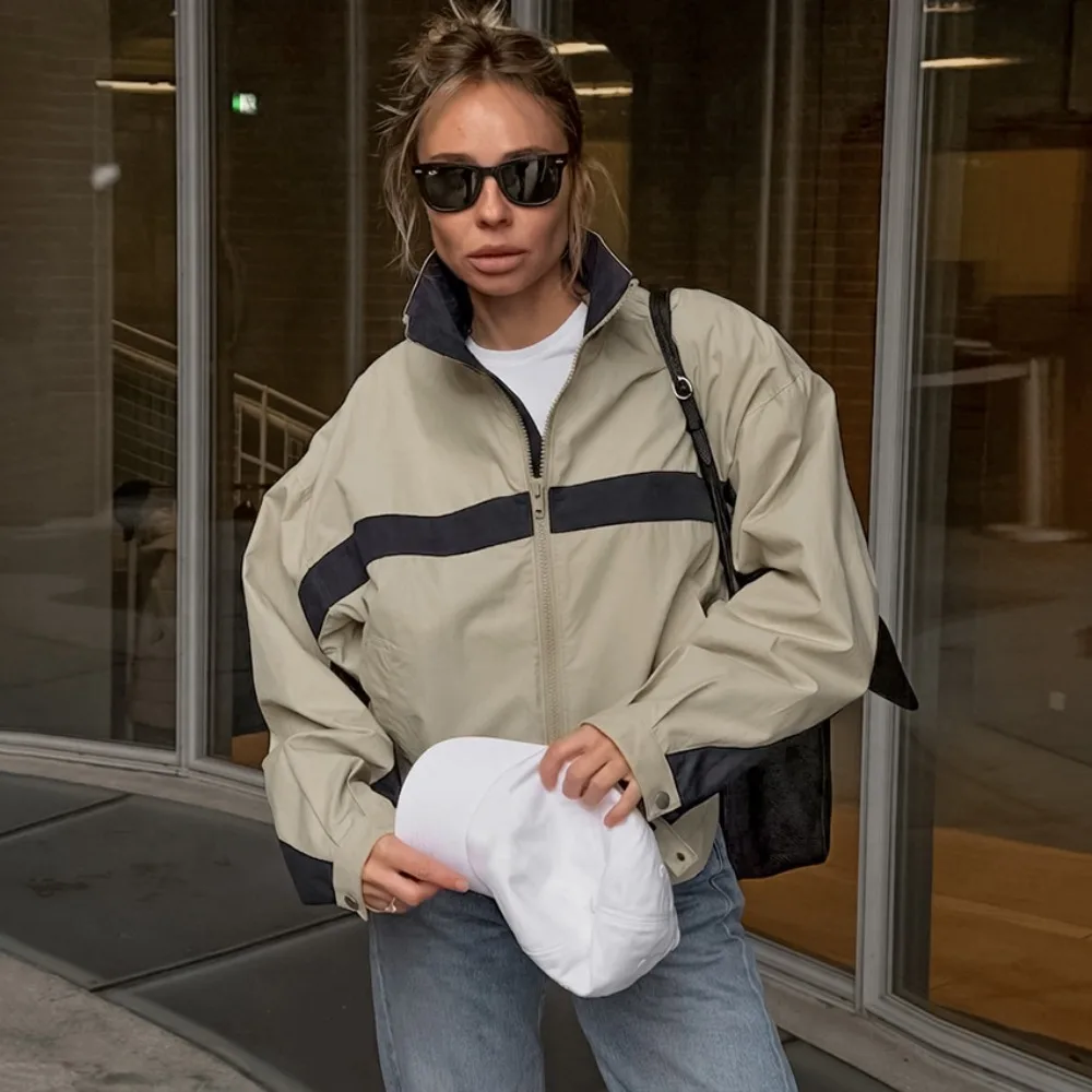 Color Blocking Baseball Pilot Sports Jacket Spring and Autumn Women's Retro Loose Acrylic Breathable Quick Drying Casual Jacket