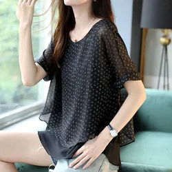 Loose Short Sleeve Chiffon Shirt for Women Fashion Black Letter Print O-Neck Casual Blouses Pullovers 2023 Summer Female Clothes