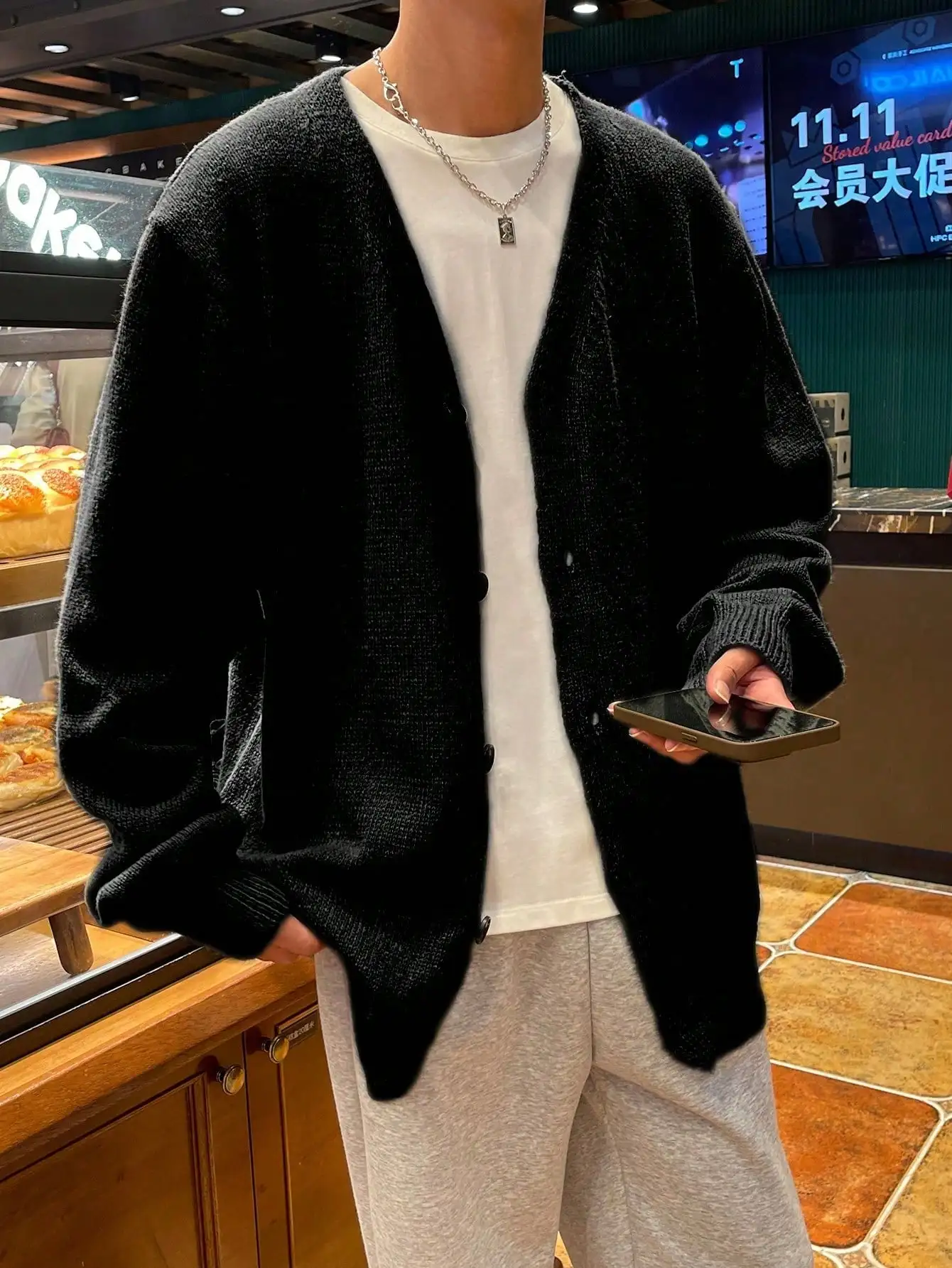 Men's Olive Green Knit Single-Breasted Casual Cardigan, Long Sleeve, Fall/Winter