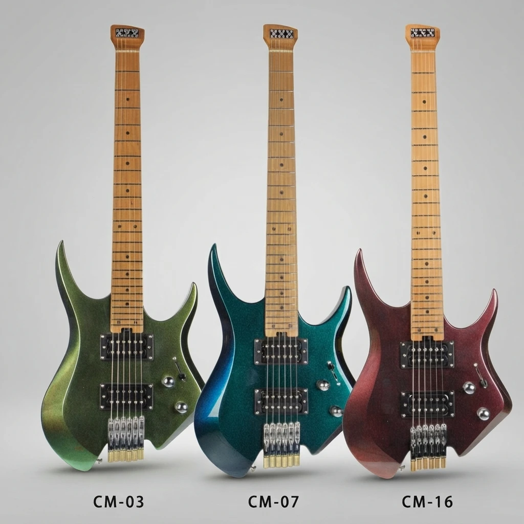 Headless Electric Guitar 6 Strings, HH Pickups, Double Cutaway, Maple Neck, 3 Chameleon Colors, Gloss Body for Beginners