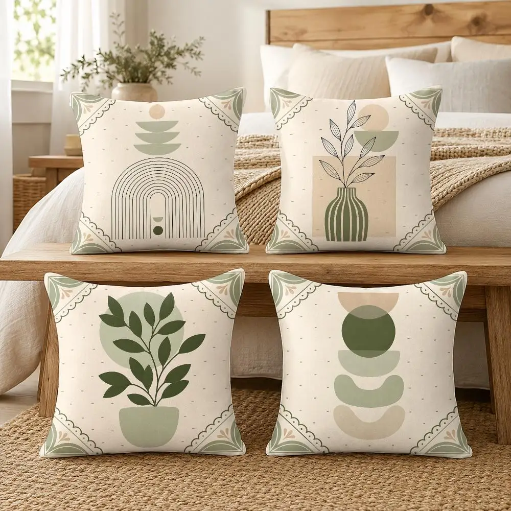 Boho Sage Green Geometric Abstract Art Cushion Cover Soft Short Plush Pillow Cover Smooth Cozy Texture Cushion Case Home Decor