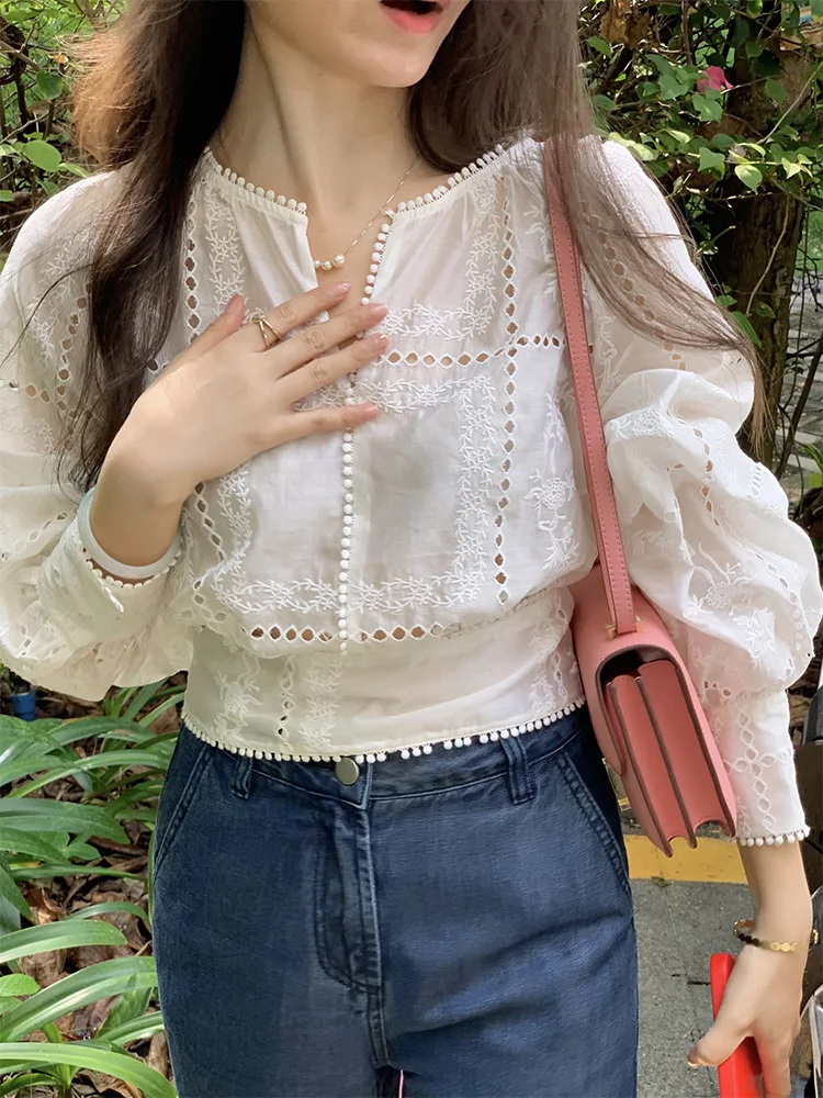 

Женская летняя тонкая длинная блузка Wendy Princ из корейского шелка с кружевной вышивкой и V-образным вырезом, повседневная, для бизнеса