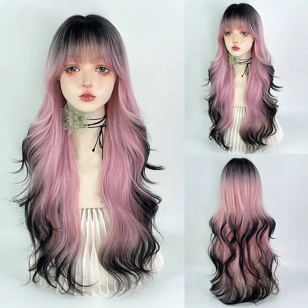 

Omber Pink Black Synthetic Long Wavy Women Wig with Bangs Fluffy Lolita Cosplay Heat Resistant Wig for Daily Party