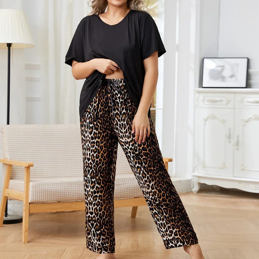 Leopard Plaid Pajamas for Women Short Sleeve Tee Pants Sets Loose Lounge Wear Pyjama Casual Nightwear Big Size Home Clothes