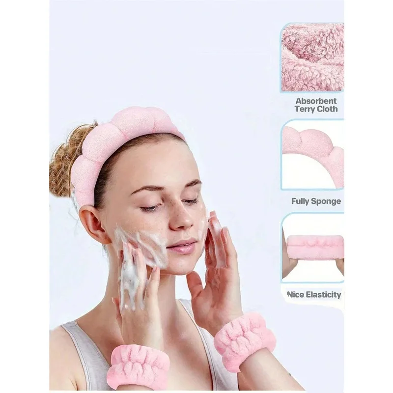 快適 - 洗顔、メイクアップ用3ピース高級ファイバースパヘッドバンドとリストバンドセット - ソフトな女性用ヘアアクセサリーセット