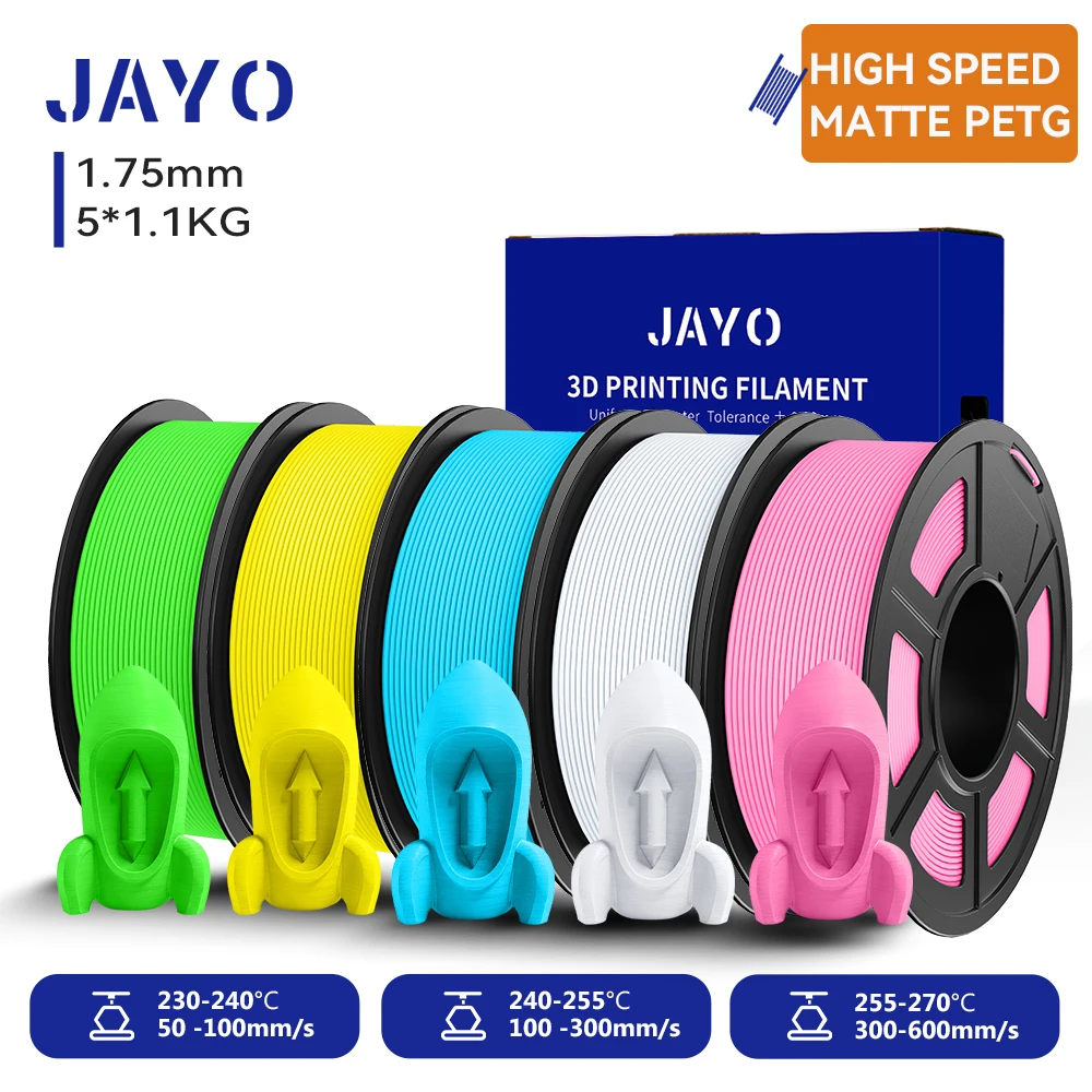 JAYO Hoge snelheid mat PETG 3D-filament 1,75 mm 30 mm/s - 600 mm/s Printbereik High Flow Snelle PETG 3D-printerfilament voor 3D