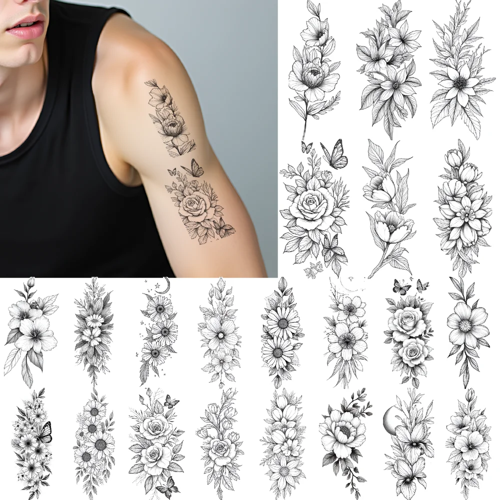 

9pcs Temporary Tattoo Feather Accent Line Art Peony Rose Waterproof Long-lasting Body Stickers Starry Motif For Shoulders