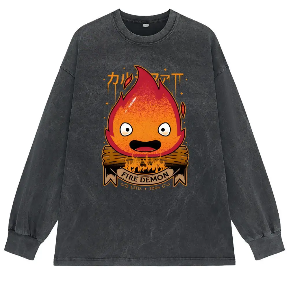 Calcifer Demon T Shirt Hip Hop autunno lavato Tshirt Retro felpe per ragazzi manica lunga famiglia stile Streetwear divertente T Shirt