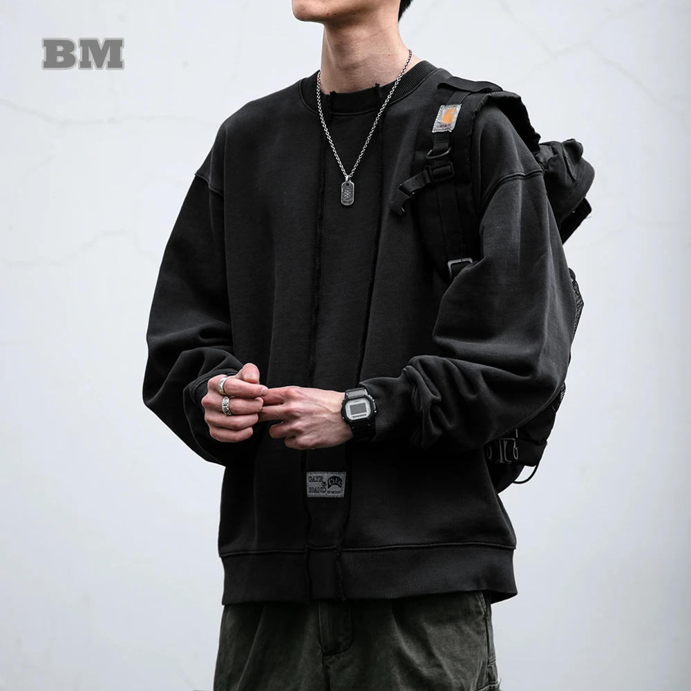 Korean Streetwear Crewneck Sweatshirt Men Women Oversized Washed Distressed Patchwork Hip Hop Casual Long Sleeve Pullover Male