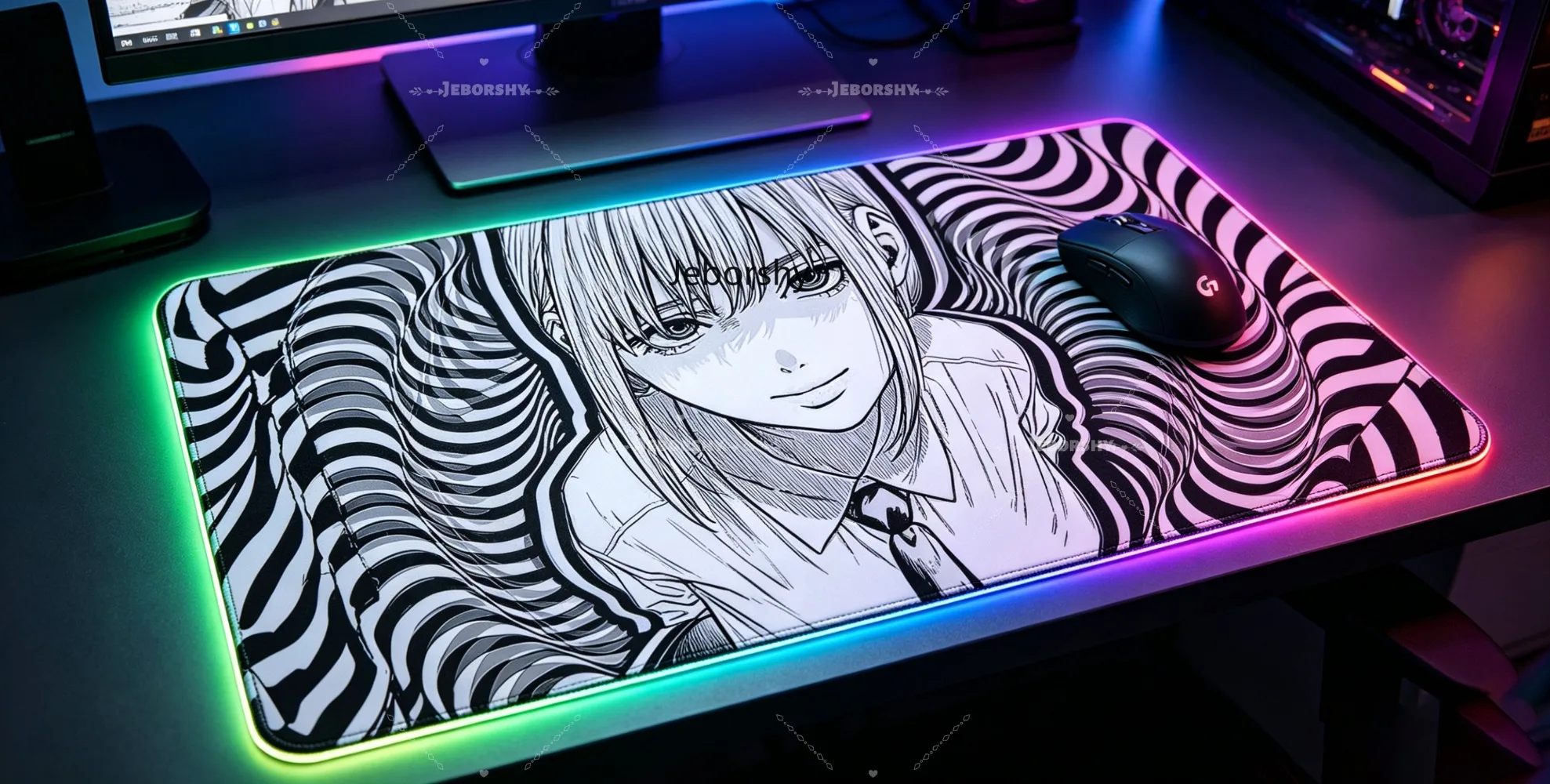 

Коврик для стола с изображением аниме-девушки RGB, черно-белые витые линии, удлиненный игровой коврик для мыши