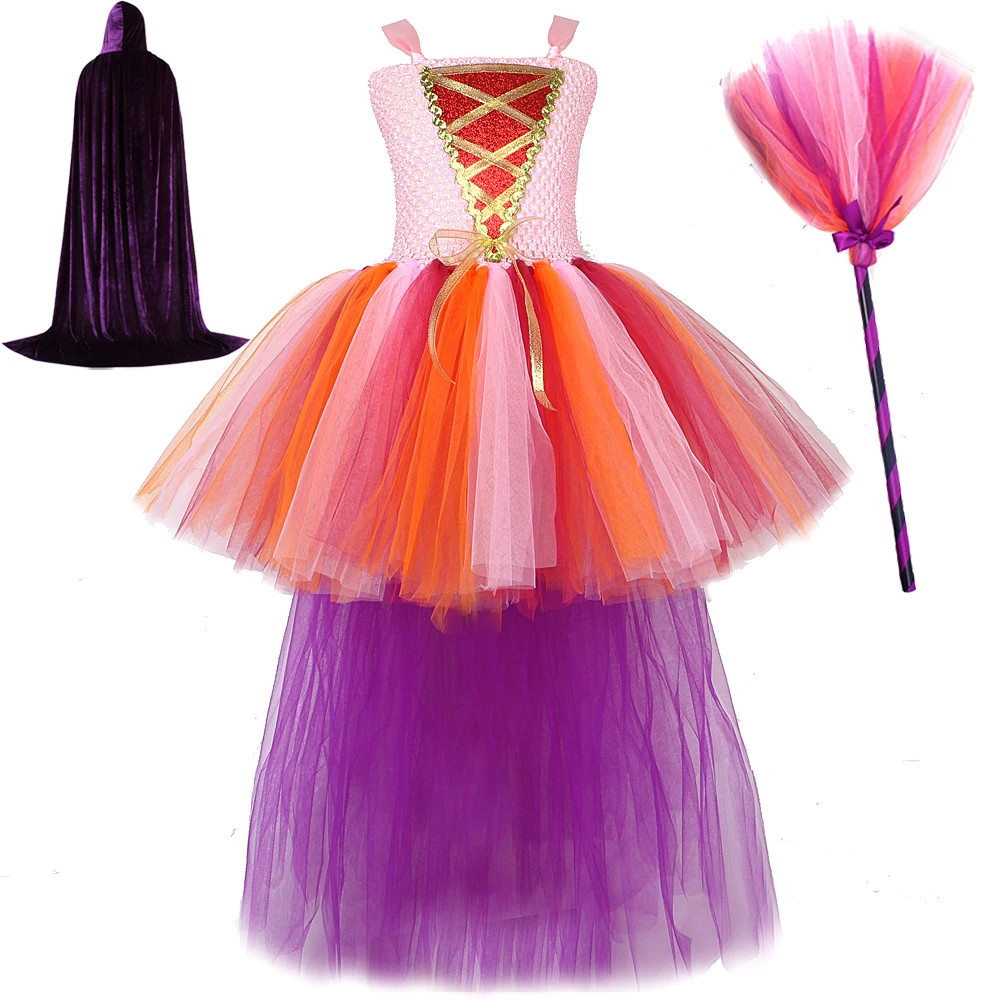 High Low Hocus Pocus Long Dresses for Girls Halloween Witch Costumes with Cloak Broom Kids Carnival Party Trailing Tutus Outfit