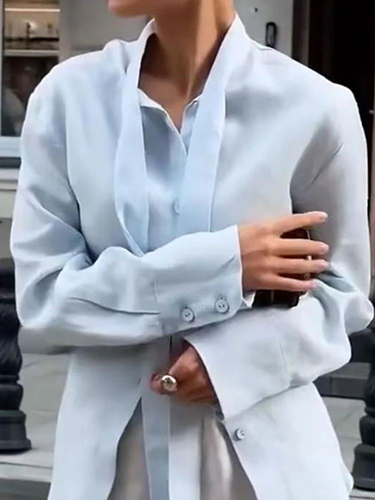

Модная свободная футболка High Street, простая однотонная рубашка с длинными рукавами и лацканами, новые осенние однобортные женские повседневные футболки